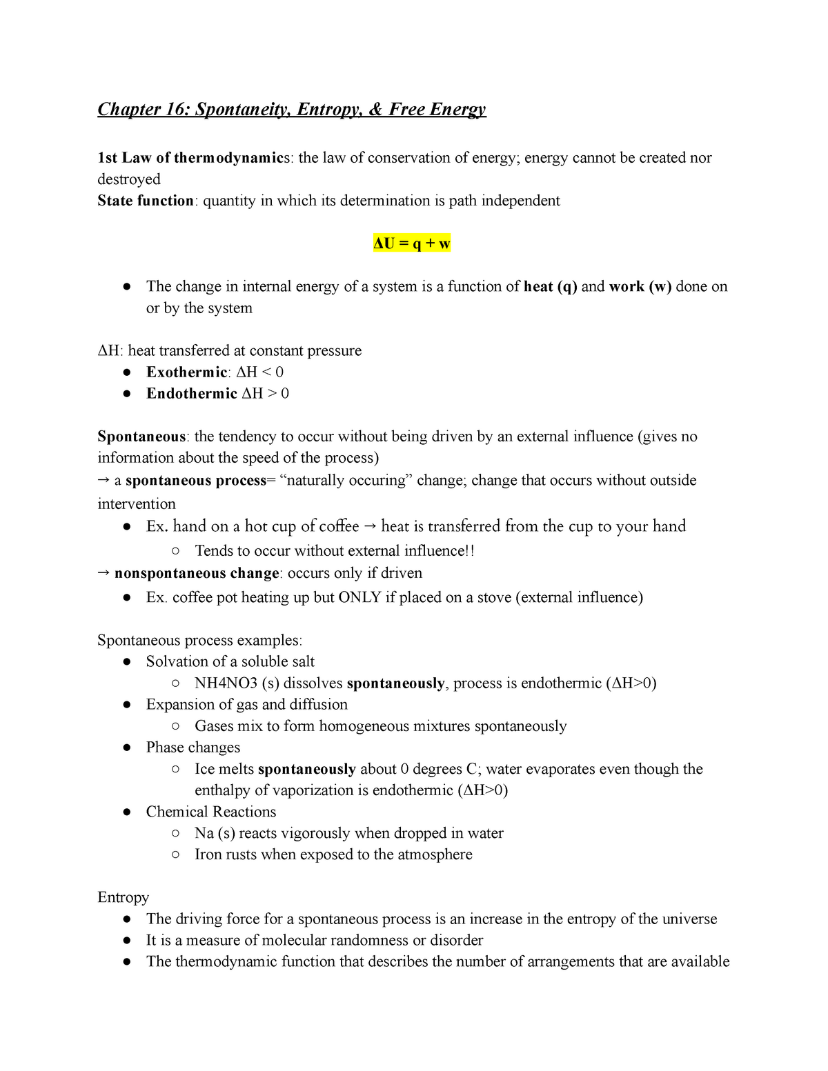 Chemistry 102 Ch 16 Lecture Notes Chapter 16 Spontaneity Entropy And Free Energy 1st Law Of 4224