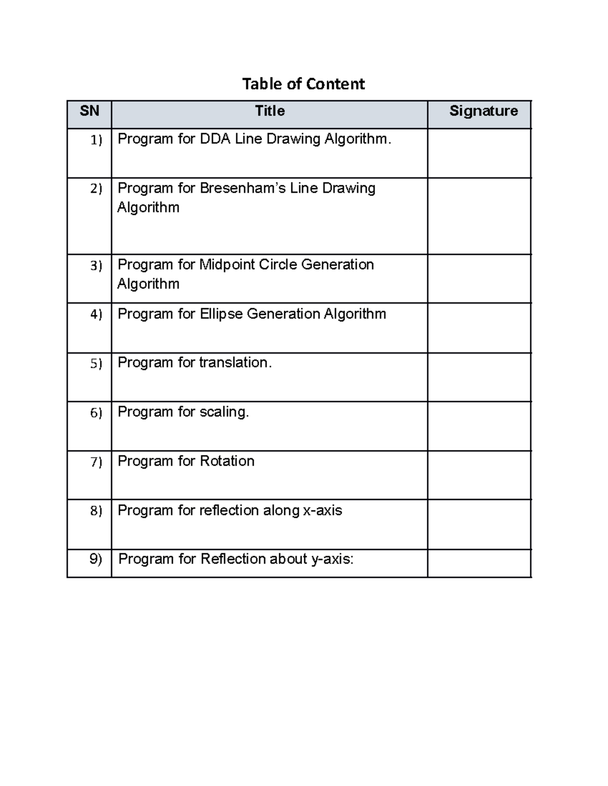 Cg-lab-report - CG LAB - Table of Content SN Title Signature 1) Program ...