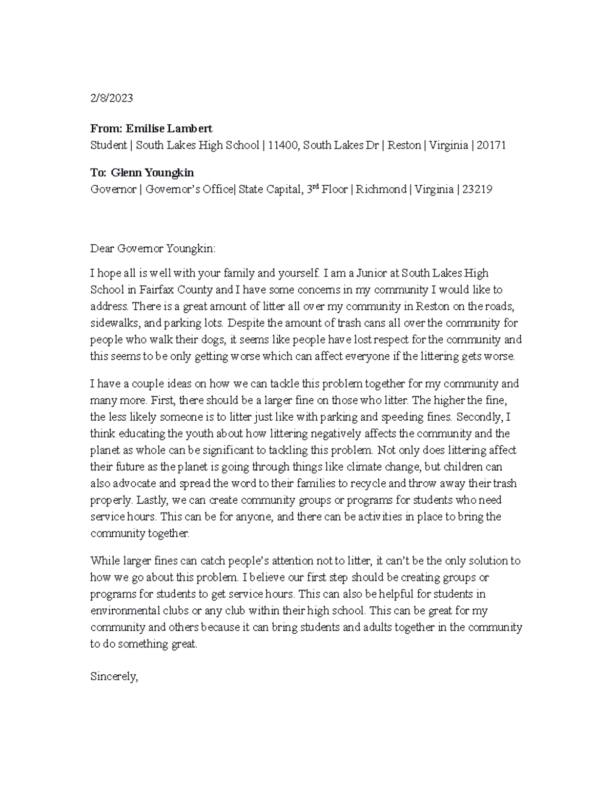 Letter to Politician Template 2/8/ From Emilise Lambert Student