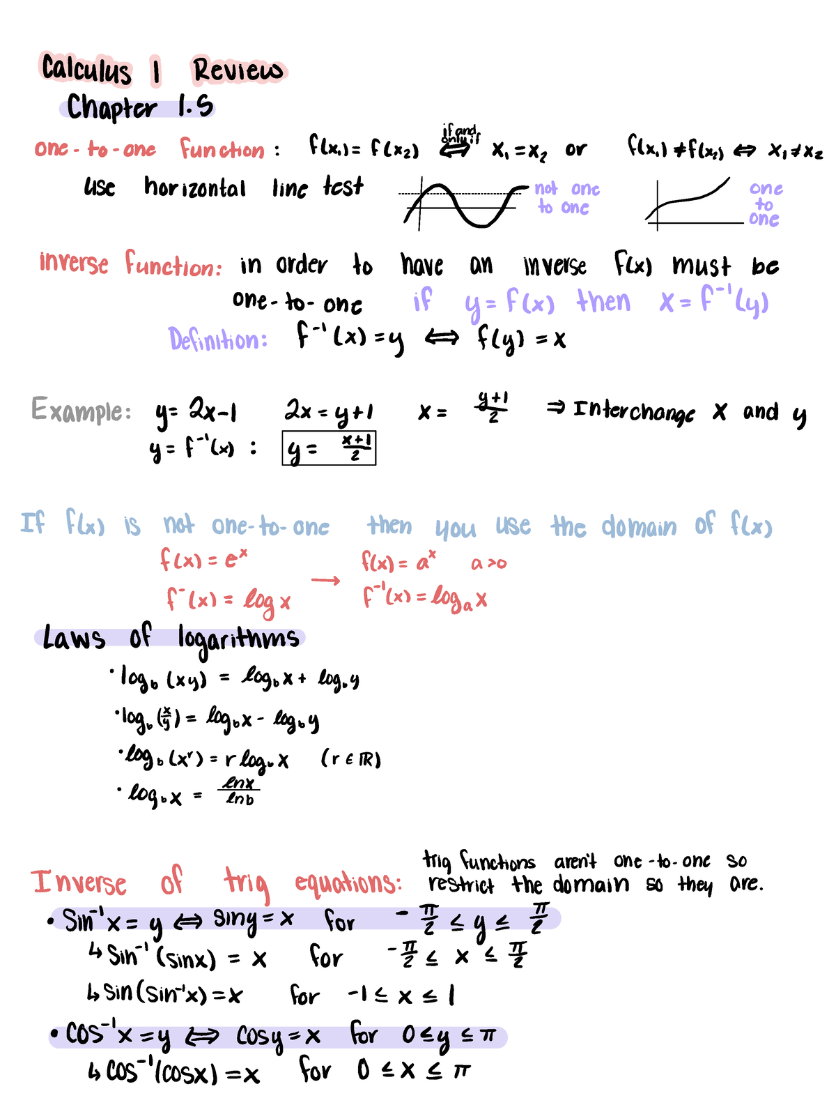 Calculus One Notes - Calculus I Review Chapter 1. One To One Function ...