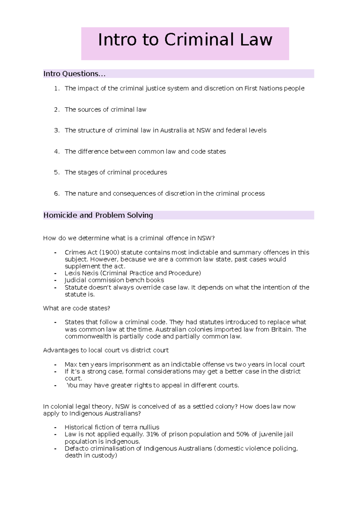 Criminal Law - class notes - Intro Questions... 1. The impact of the ...