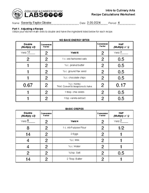 Recipe Calculations Worksheet - Name ...