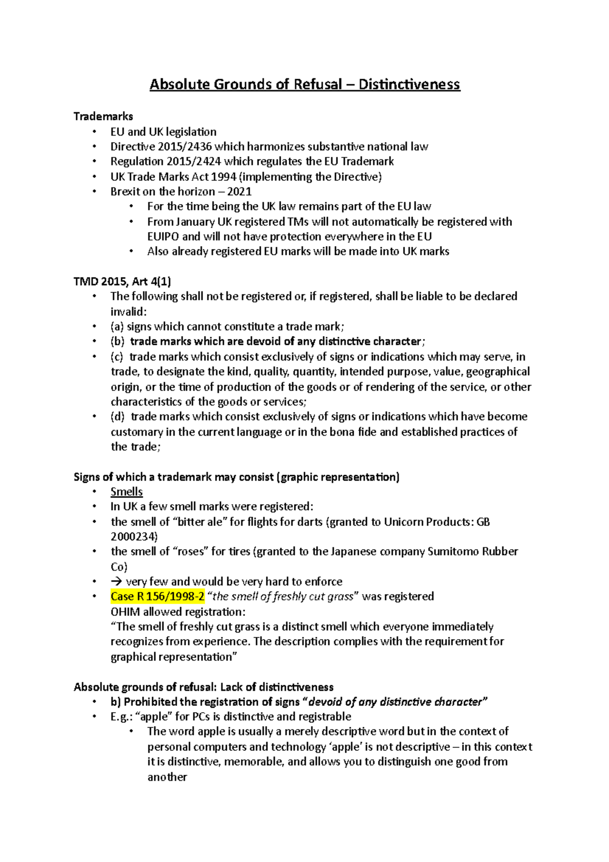 Absolute Grounds of Refusal DIstinctiveness WEEK 5 Absolute Grounds