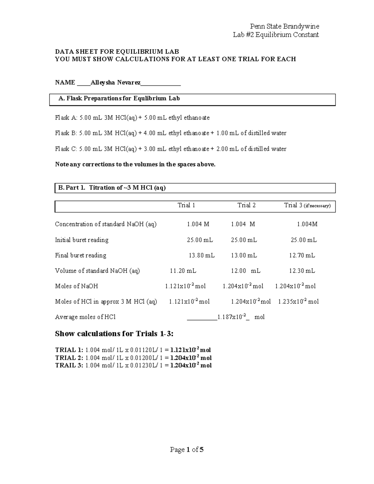 Equilibrium Lab Report Lab 2 Equilibrium Constant DATA SHEET FOR