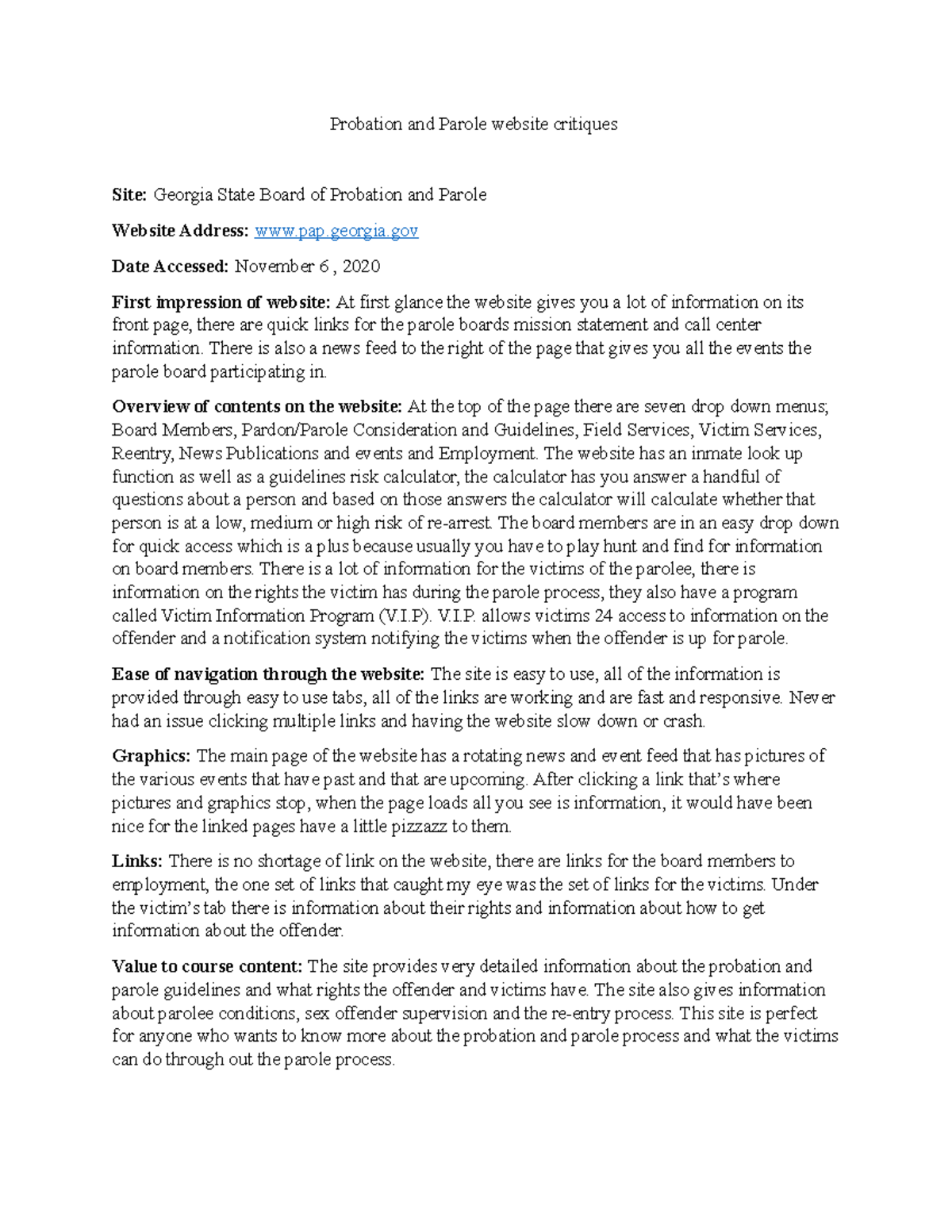 Parole sites n/a Probation and Parole website critiques Site