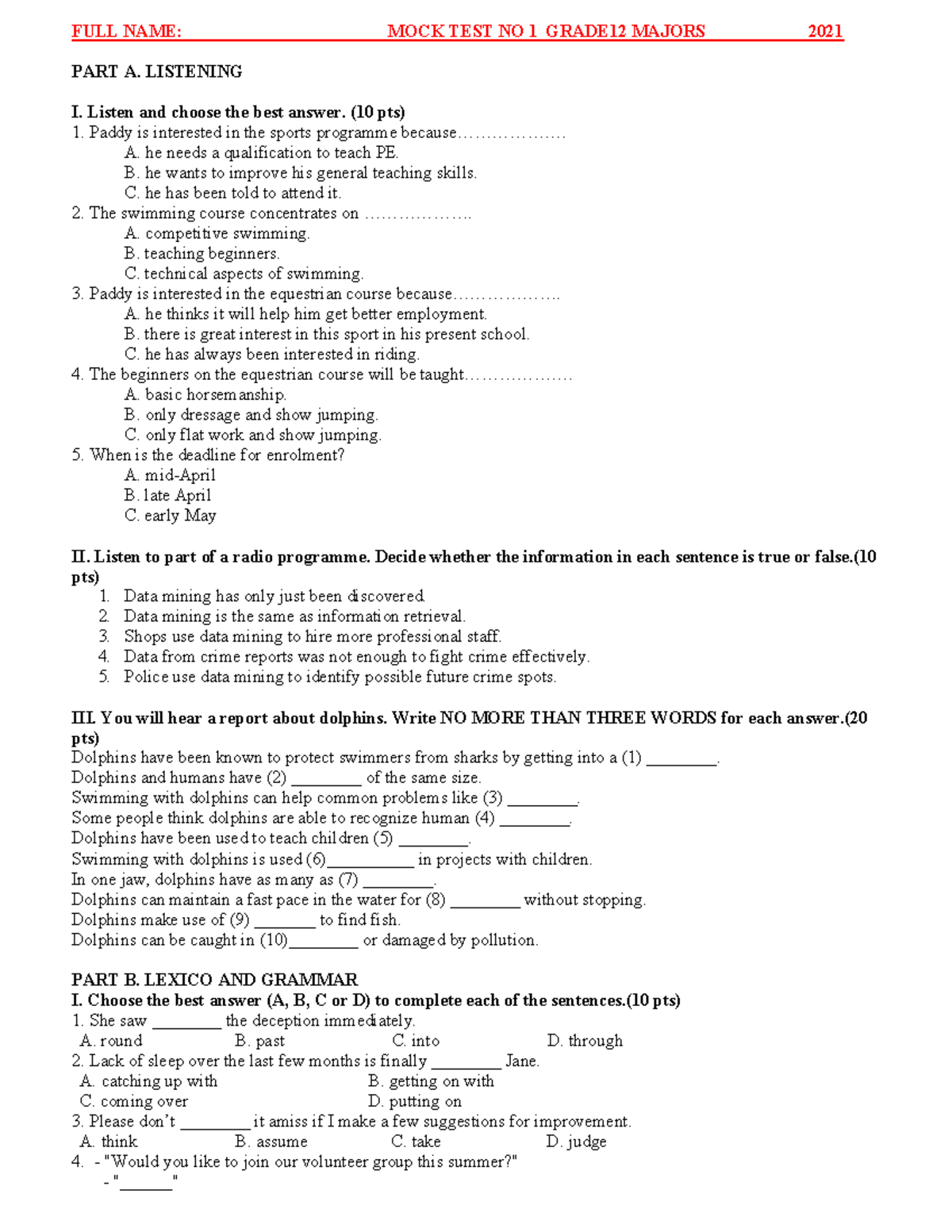 MOCK TEST NO 1 Grade 12 Majors - FULL NAME: MOCK TEST NO 1_GRADE12 ...