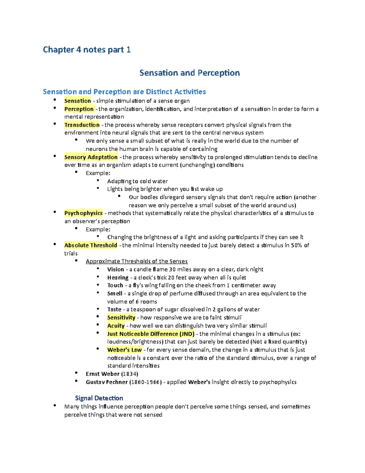 Chapter 4 Notes Part 1 - Chapter 4 Notes Part 1 Sensation And ...