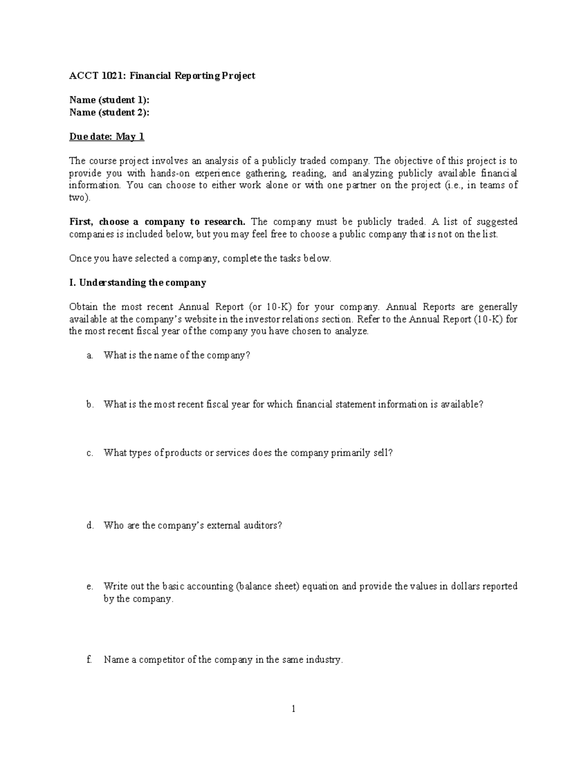 Financial Reporting Project Template - ACCT 1021: Financial Reporting ...