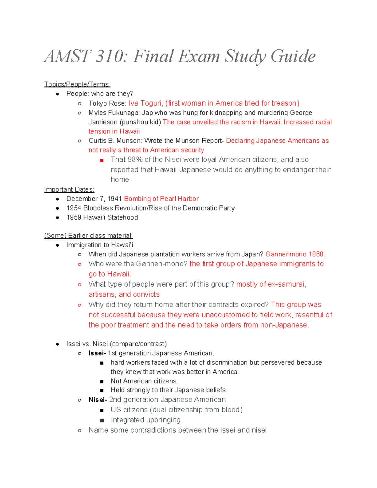 AMST 310 Final Study Guide - AMST 310: Final Exam Study Guide Topics ...