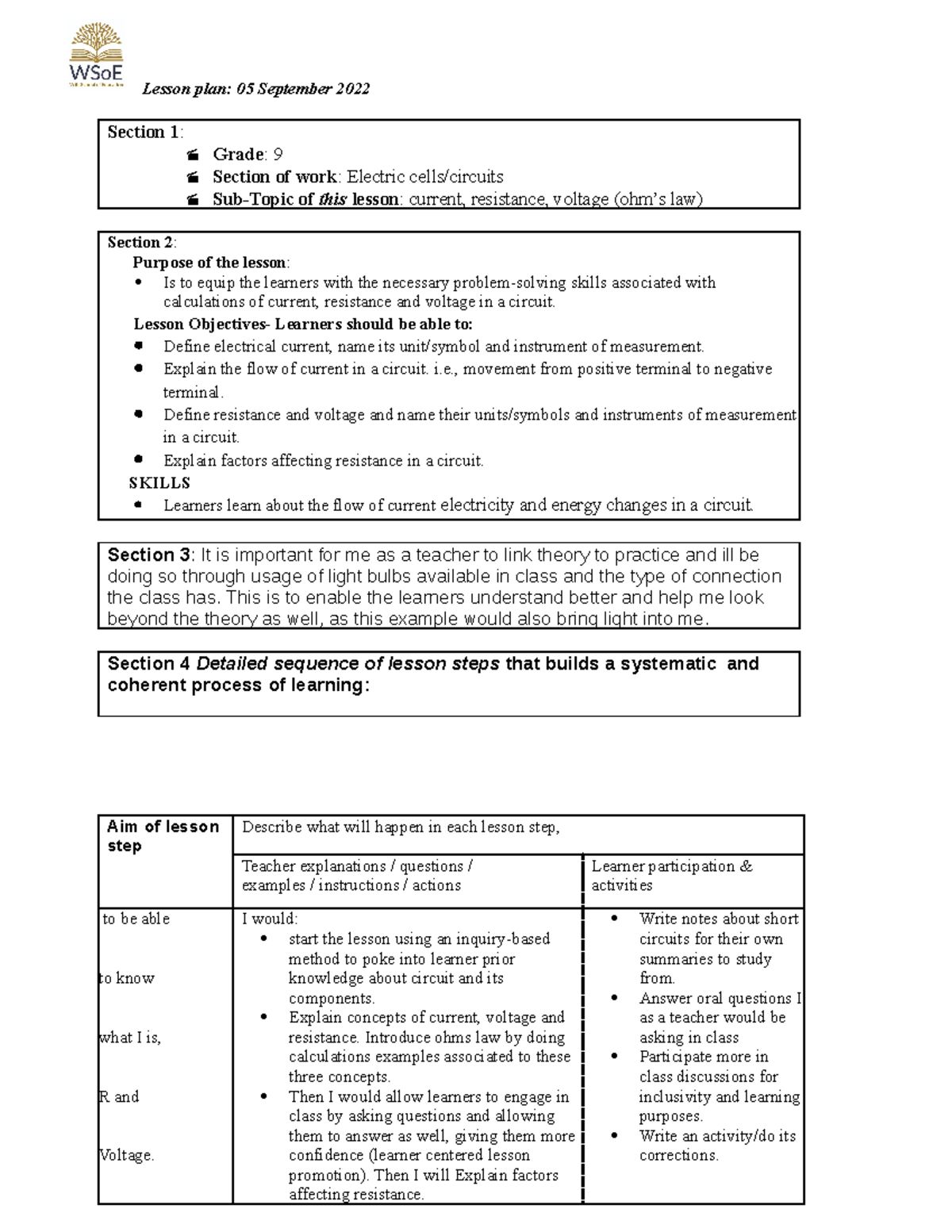 Lesson Plan grade 9 for crit 05 September 2022 - Lesson plan: 05 ...