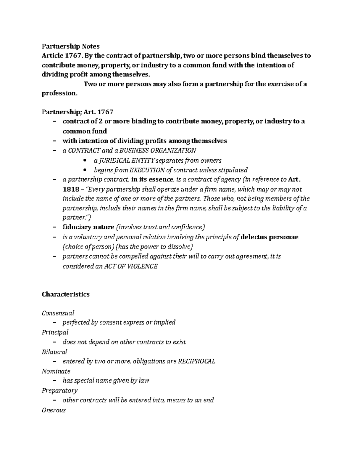 Partnership Notes - Future CPAs! - Partnership Notes Article 1767. By ...