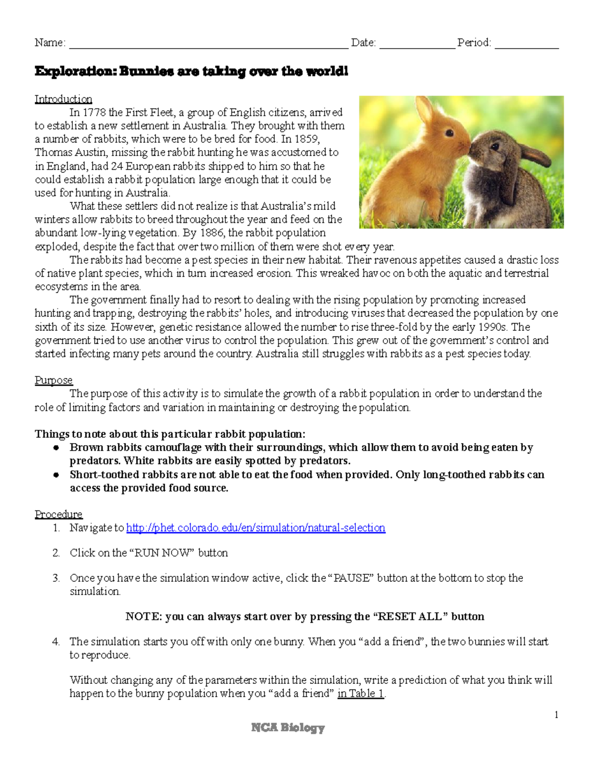 Phet Populations Bunny Lab Name