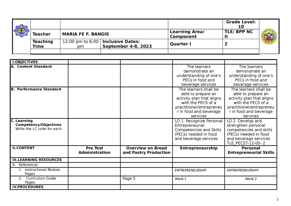 Q1- Week 2 - Sample Daily Lesson Log - Grade Level: 10 Teacher MARIA FE ...