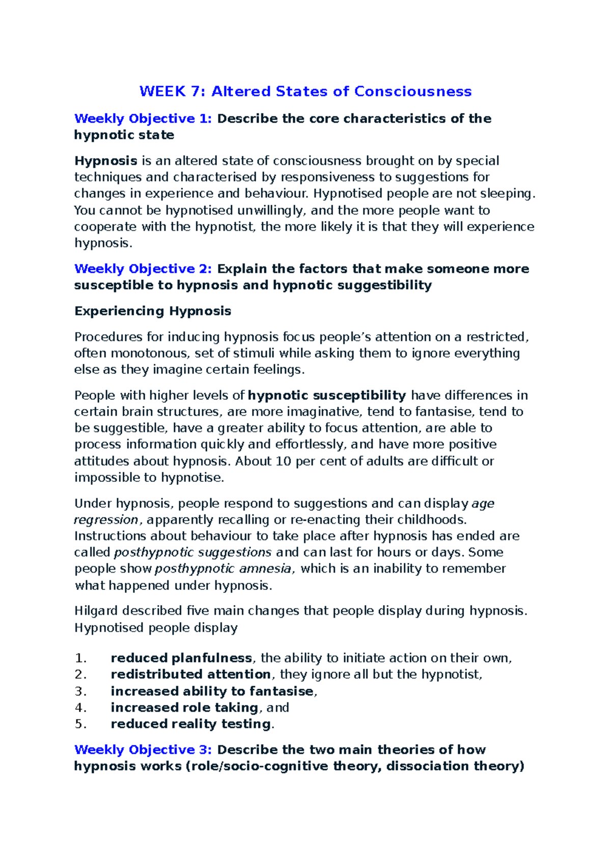 Week 7 Summary, including weekly objectives - WEEK 7: Altered States of ...