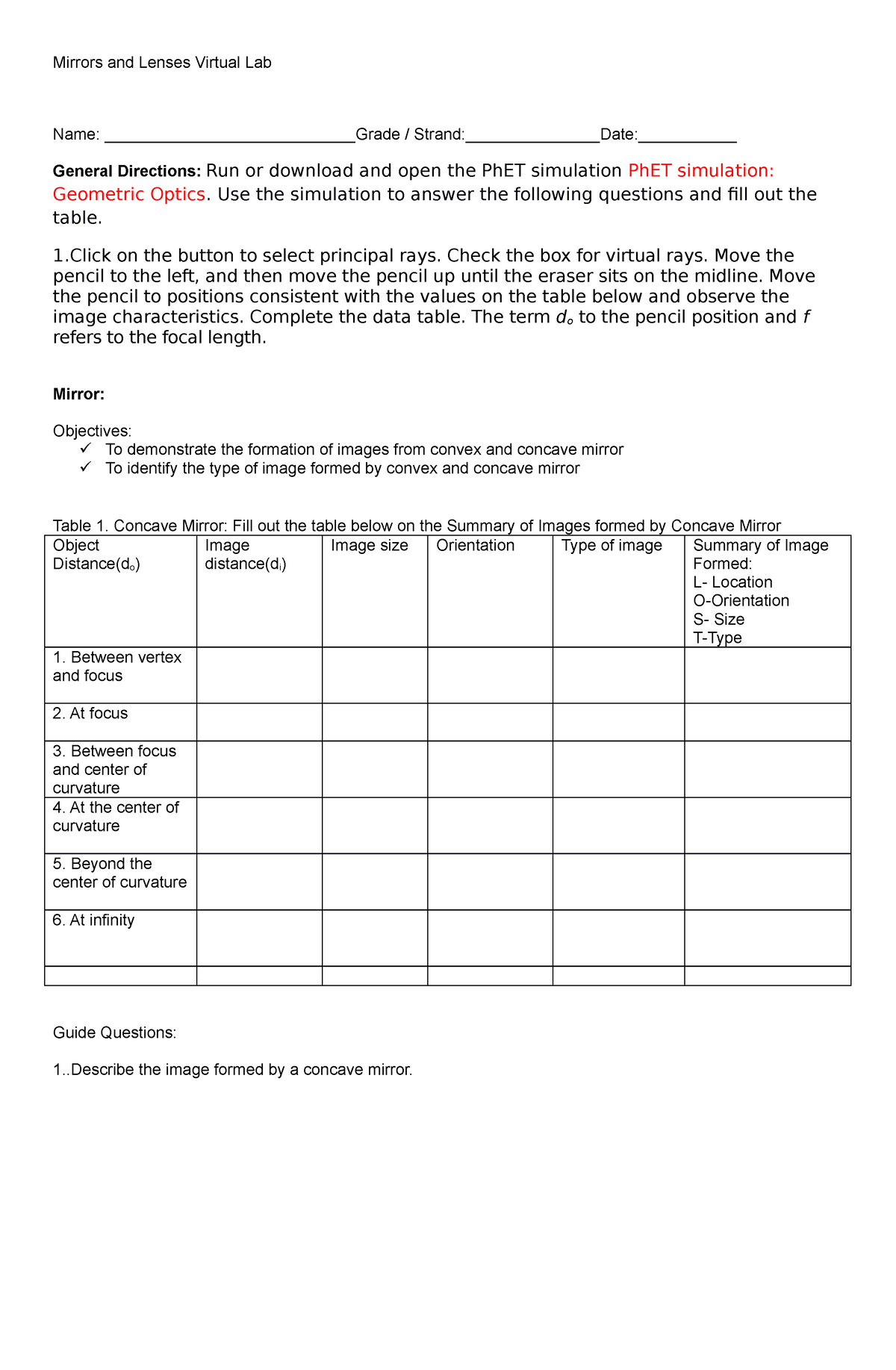 Worksheet For Mirrors And Lenses Mirrors And Lenses Virtual Lab Name 