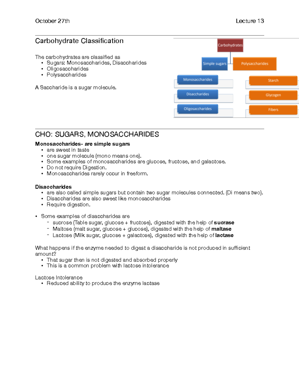 Lecture 13 - notes - October 27th Lecture 13 Carbohydrate ...