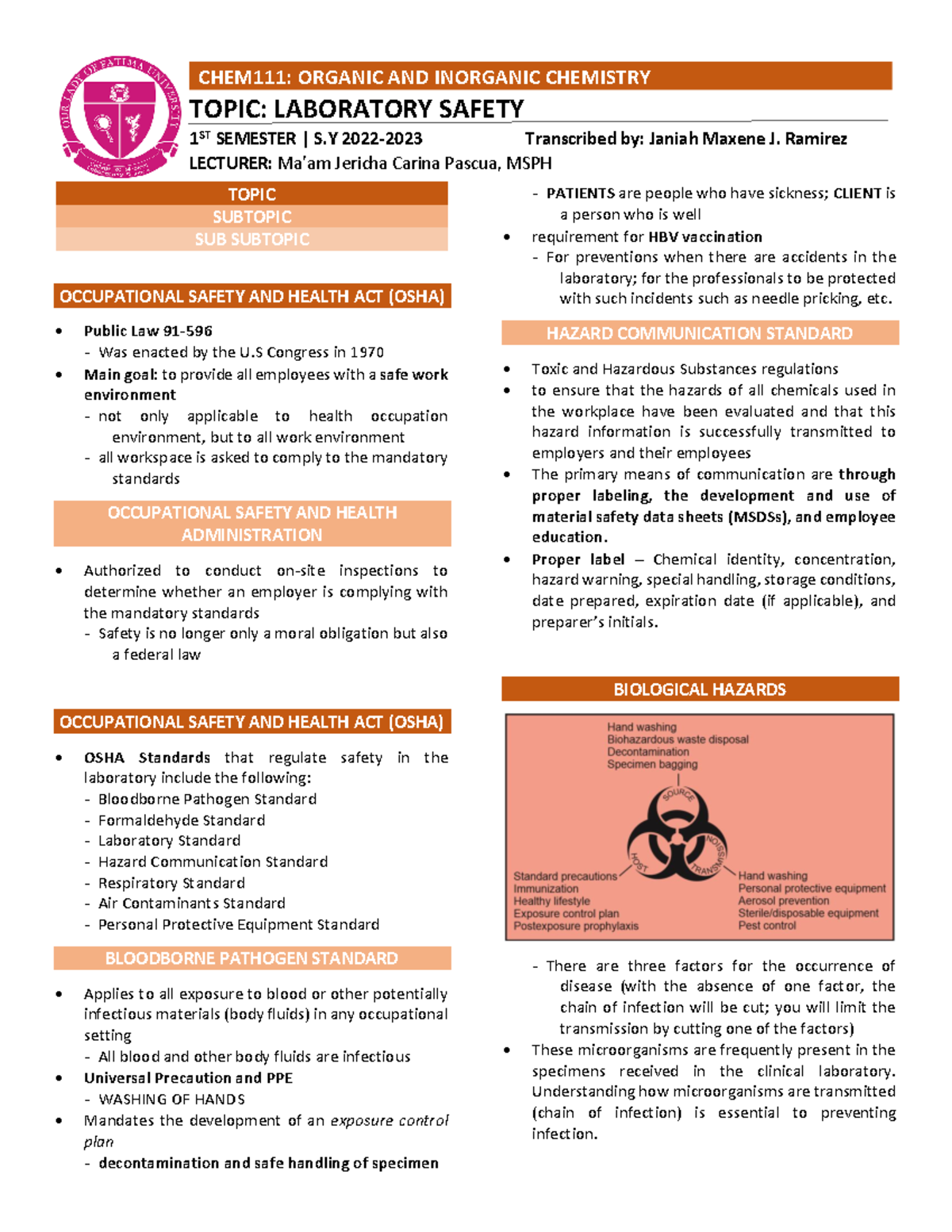 Lesson 1 - Laboratory Safety - TOPIC SUBTOPIC SUB SUBTOPIC OCCUPATIONAL ...