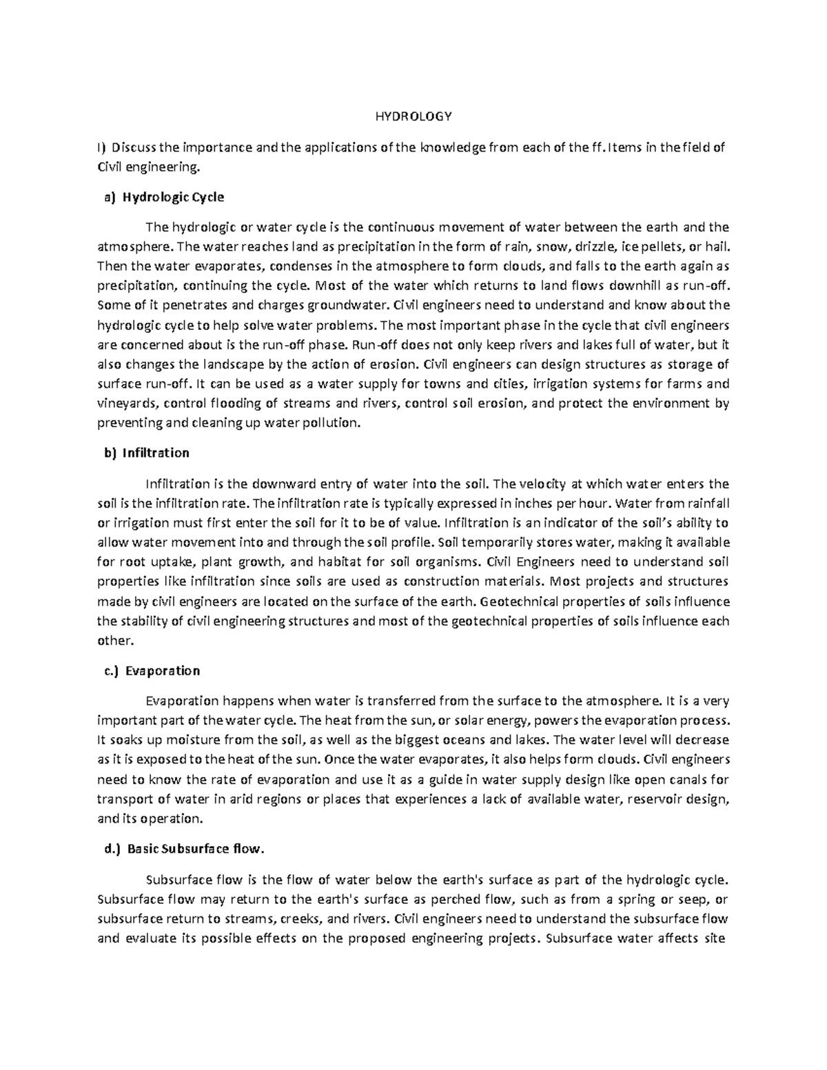 Hydrologic Cycle - HYDROLOGY I) Discuss the importance and the ...