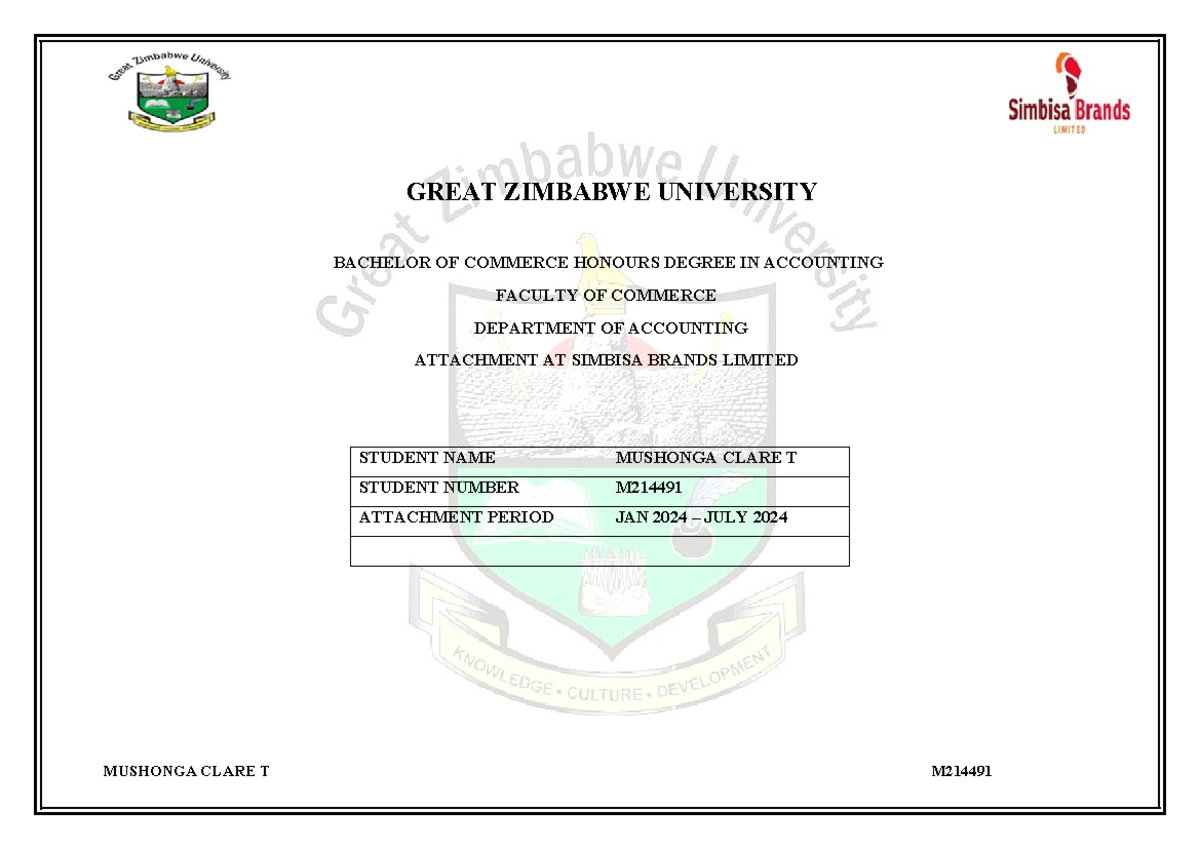 Clare Mushonga Final Logbook JULY24 - GREAT ZIMBABWE UNIVERSITY