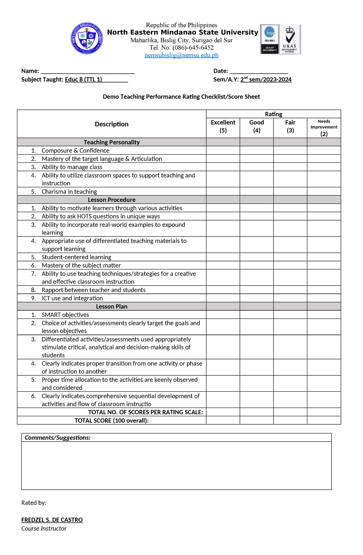 Demo-teaching rating-sheet - Republic of the Philippines North Eastern ...