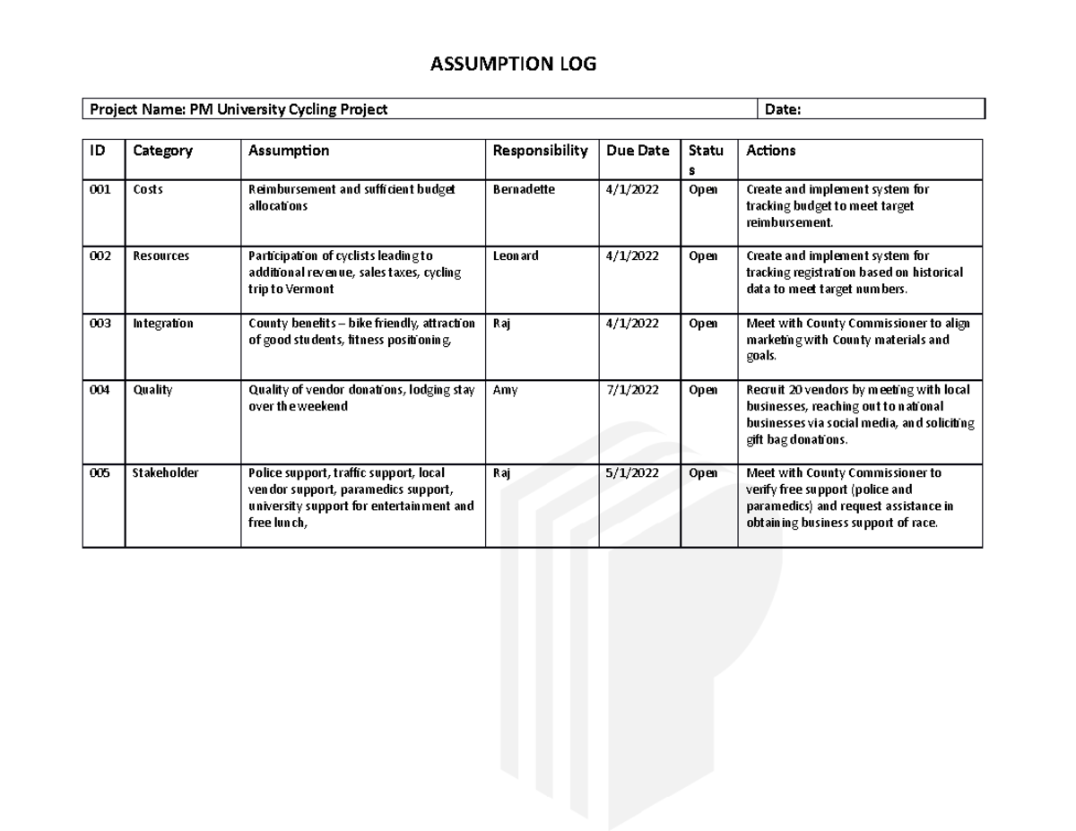 Template - Assumption Log v1 CFD - ASSUMPTION LOG Project Name: PM ...