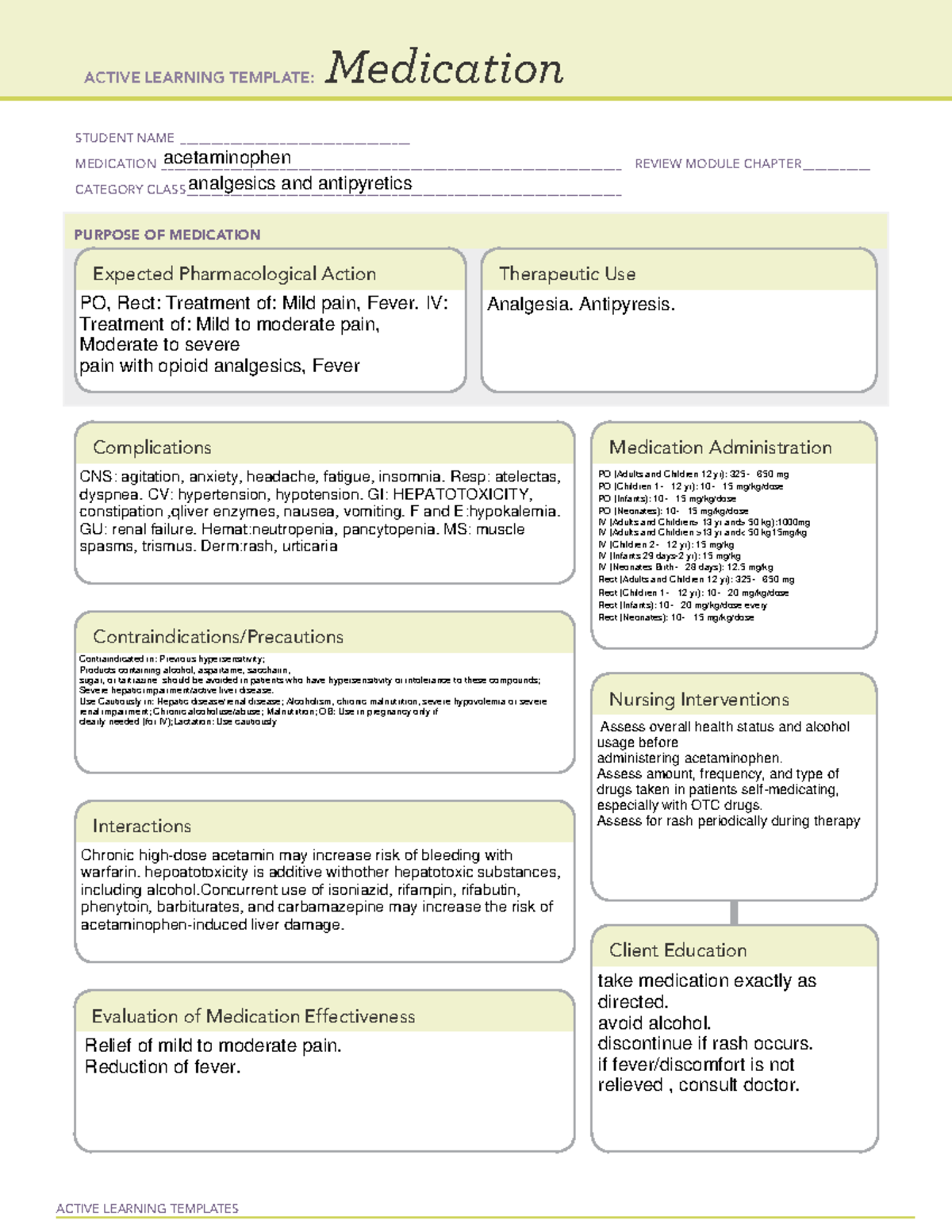 Acetaminopen med card NN - ACTIVE LEARNING TEMPLATES Medication STUDENT ...