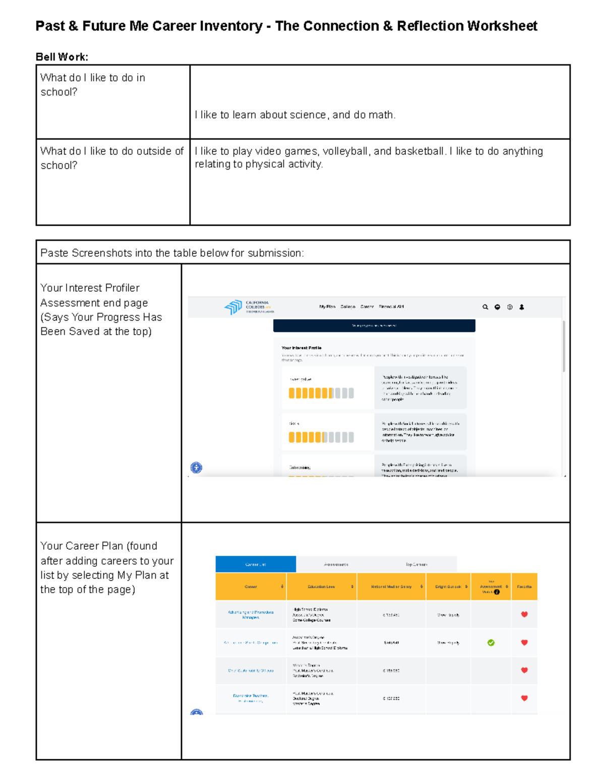 Copy of Past & Future Me Career Inventory - The Connection & Reflection ...