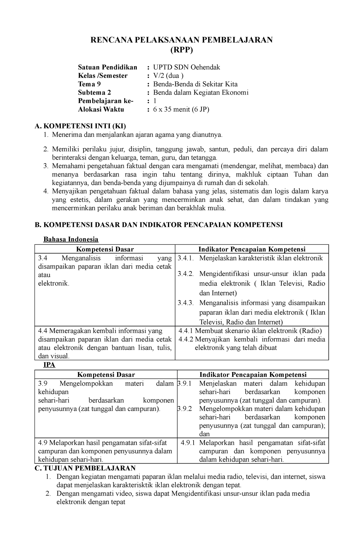 1. RPP - RENCANA PELAKSAAN PEMBELAJARAN KELAS 5 TEMA 9 - RENCANA ...