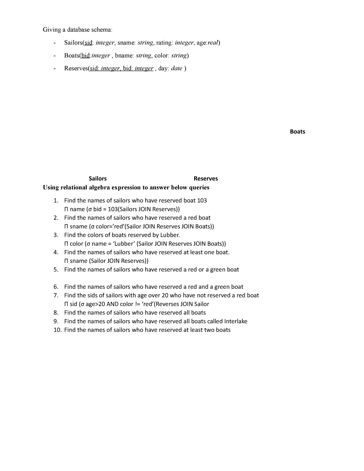 Lab1-assignment - Giving a database schema: Sailors(sid: integer, sname ...