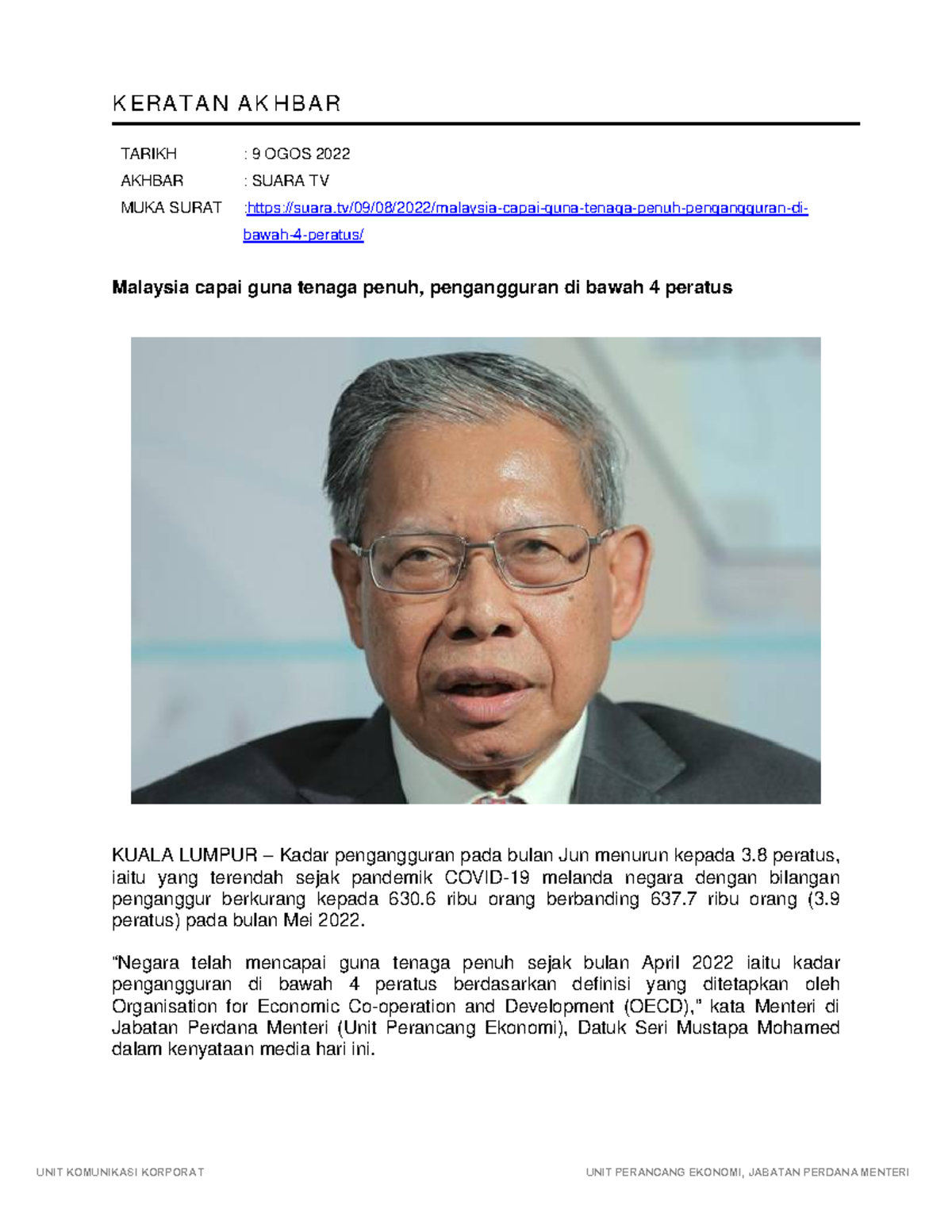 Malaysia Capai Guna Tenaga Penuh Pengangguran Di Bawah 4 Peratus 