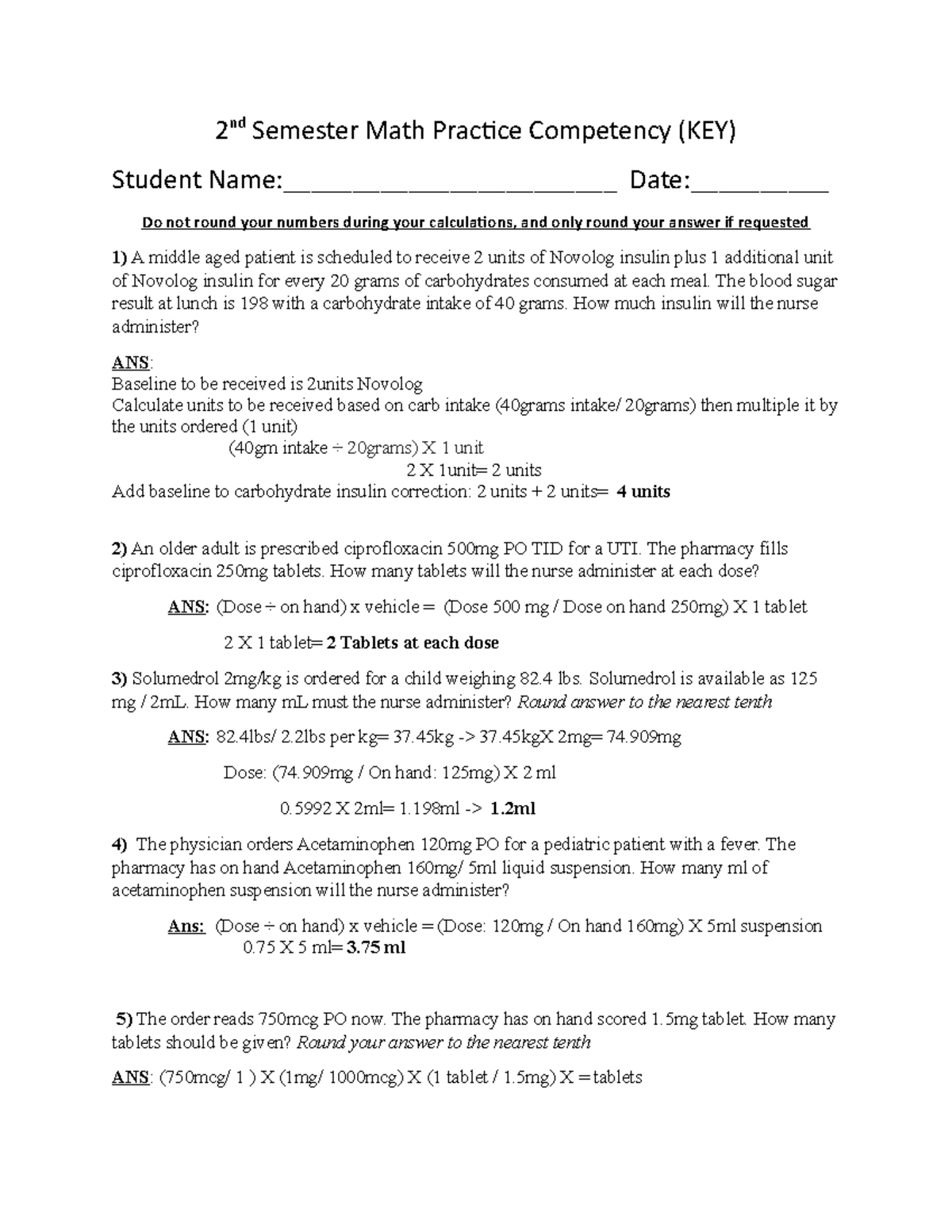 2nd Semester Math Practice (Key) - 2 nd Semester Math Practice ...