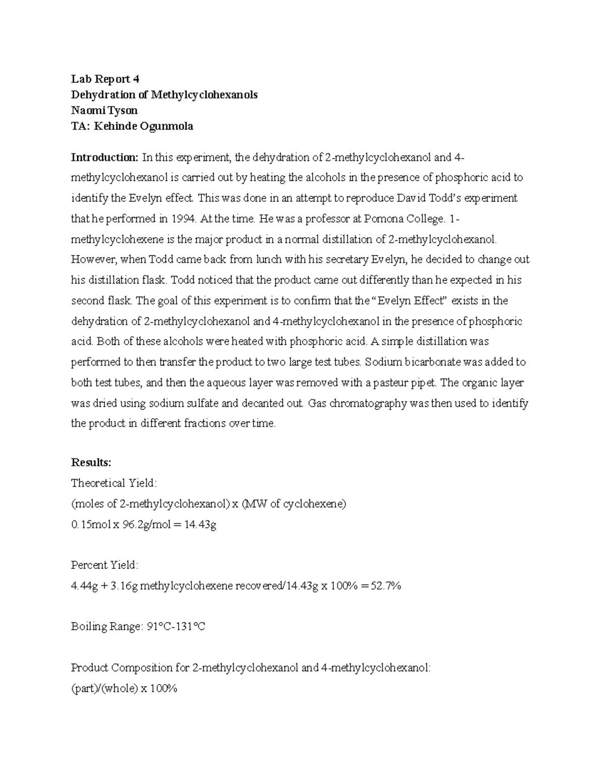 CH 237 Experiment 4 Dehydration of Methylcyclohexanols - Lab Report 4 ...