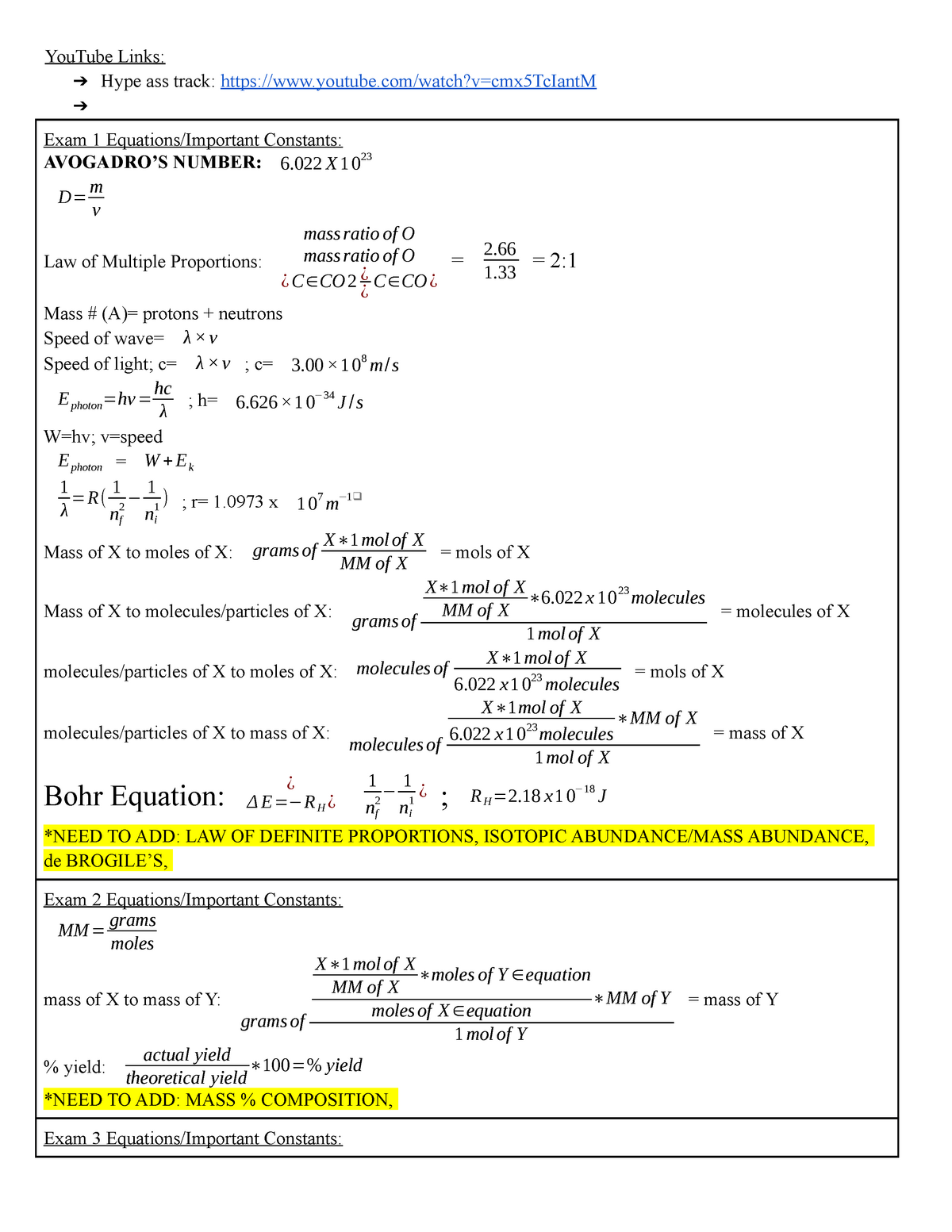CHEM 161 Final EXAM Formulas -  Links: ➔ Hype ass track:  /watch?v=cmx5TcIantM ➔ Exam 1 - Studocu