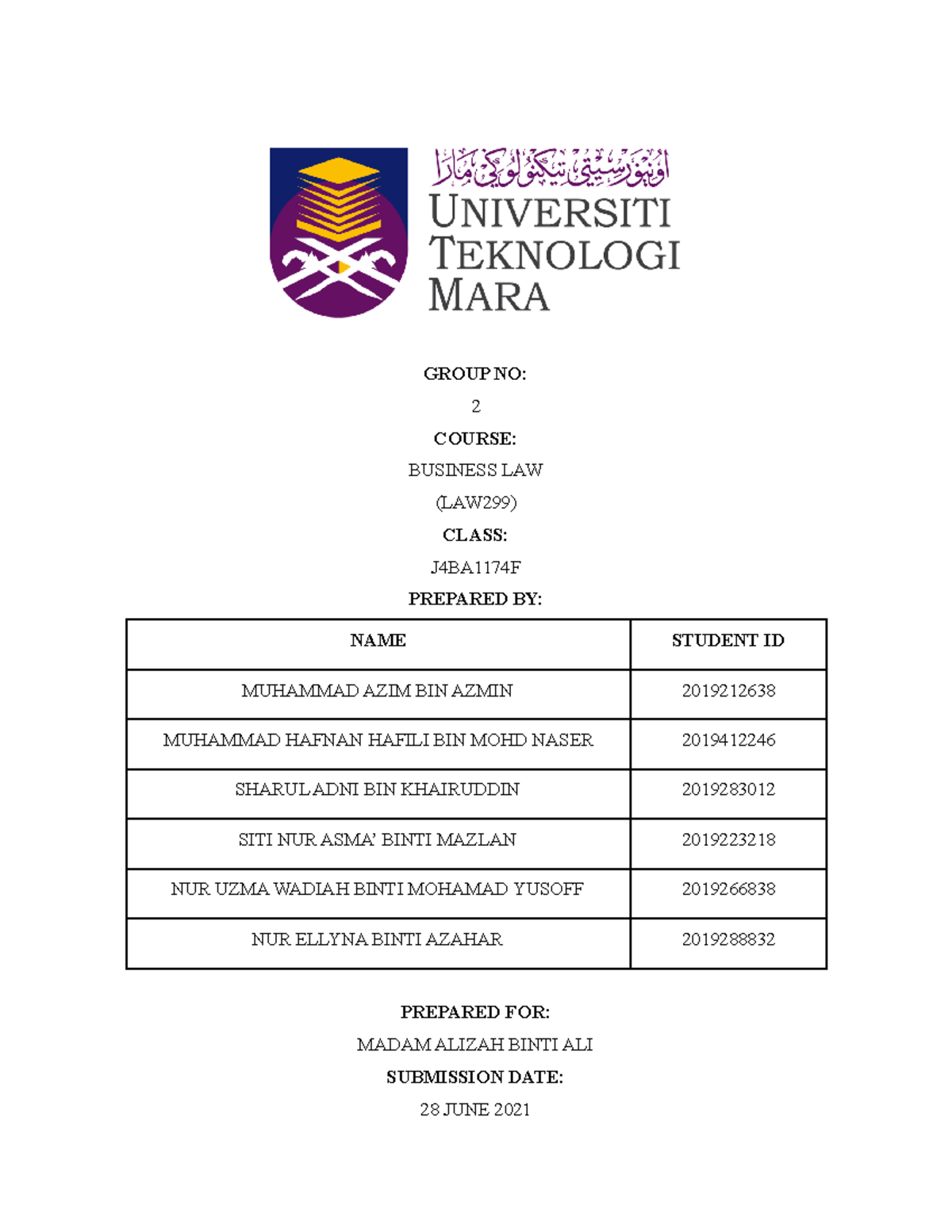 Group Assignment Law299 Group No 2 Course Business Law Law299 Class J4ba1174f Prepared By Group Assignment Law299 Group No 2 Course Business Law Law299 Class J4ba1174f Prepared By