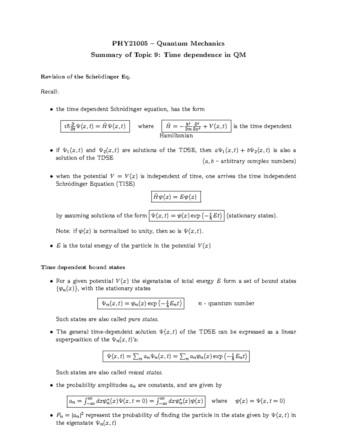 Phy250 summary topic 9 - PHY21005 – Quantum Mechanics Summary of Topic ...