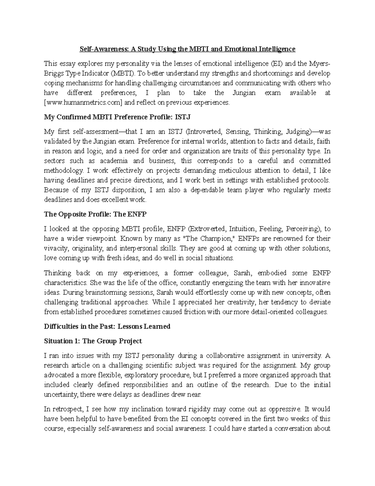 Emotional Intelligence written assignment unit 2 - Self-Awareness: A ...
