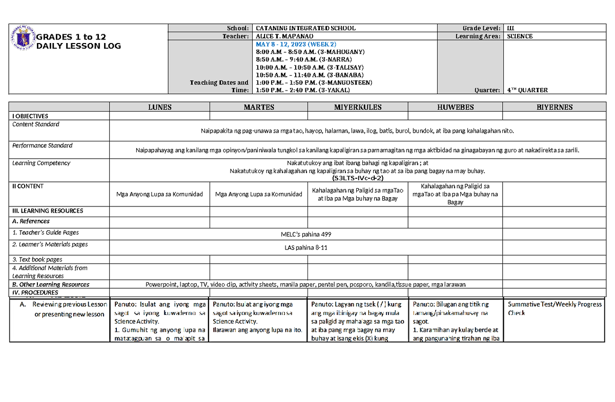 DLL Science 3 Q4 W2 - GRADES 1 to 12 DAILY LESSON LOG School: CATANING ...