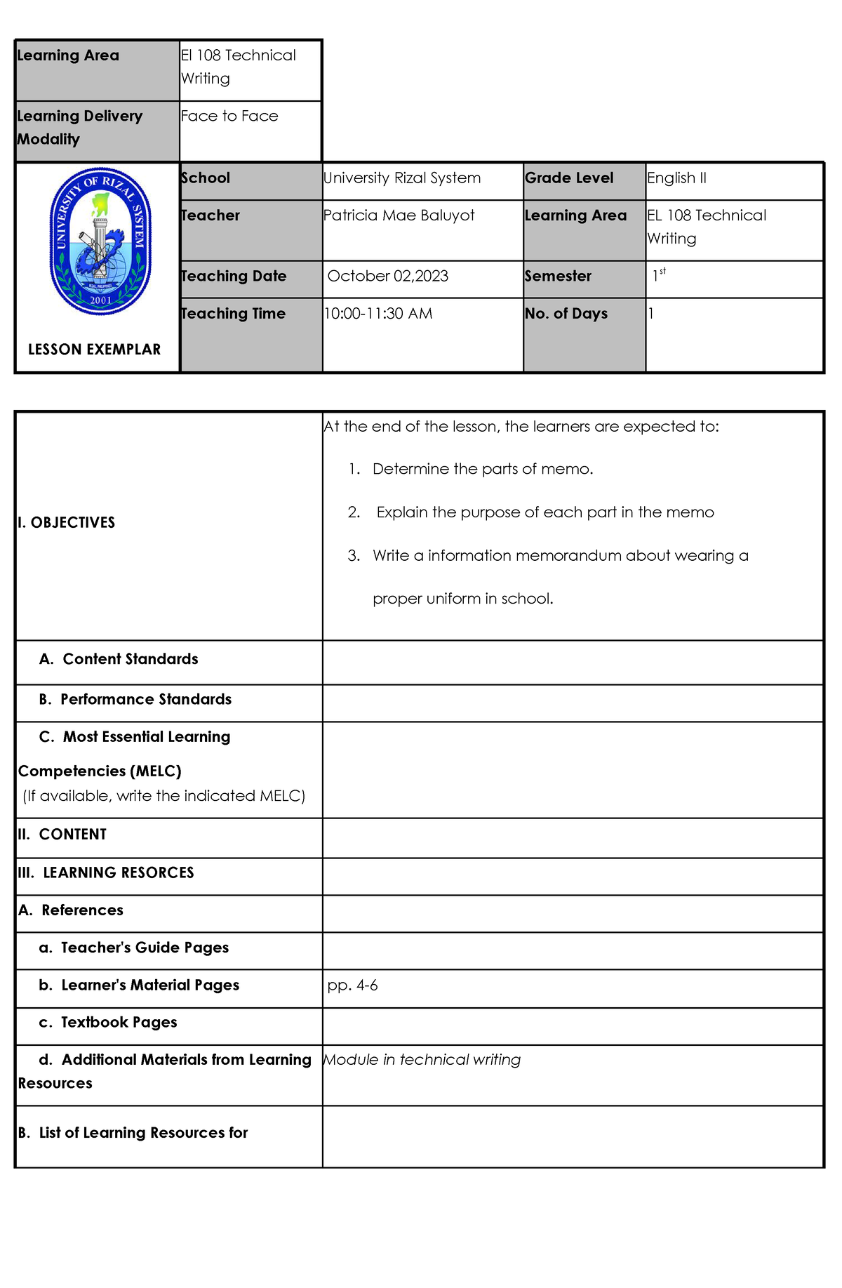 Lesson PLAN Module 6 - none - Learning Area El 108 Technical Writing ...