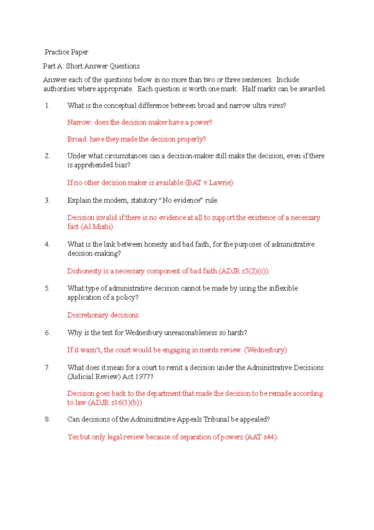 Practice Exam Paper - Practice Paper Part A: Short Answer Questions ...