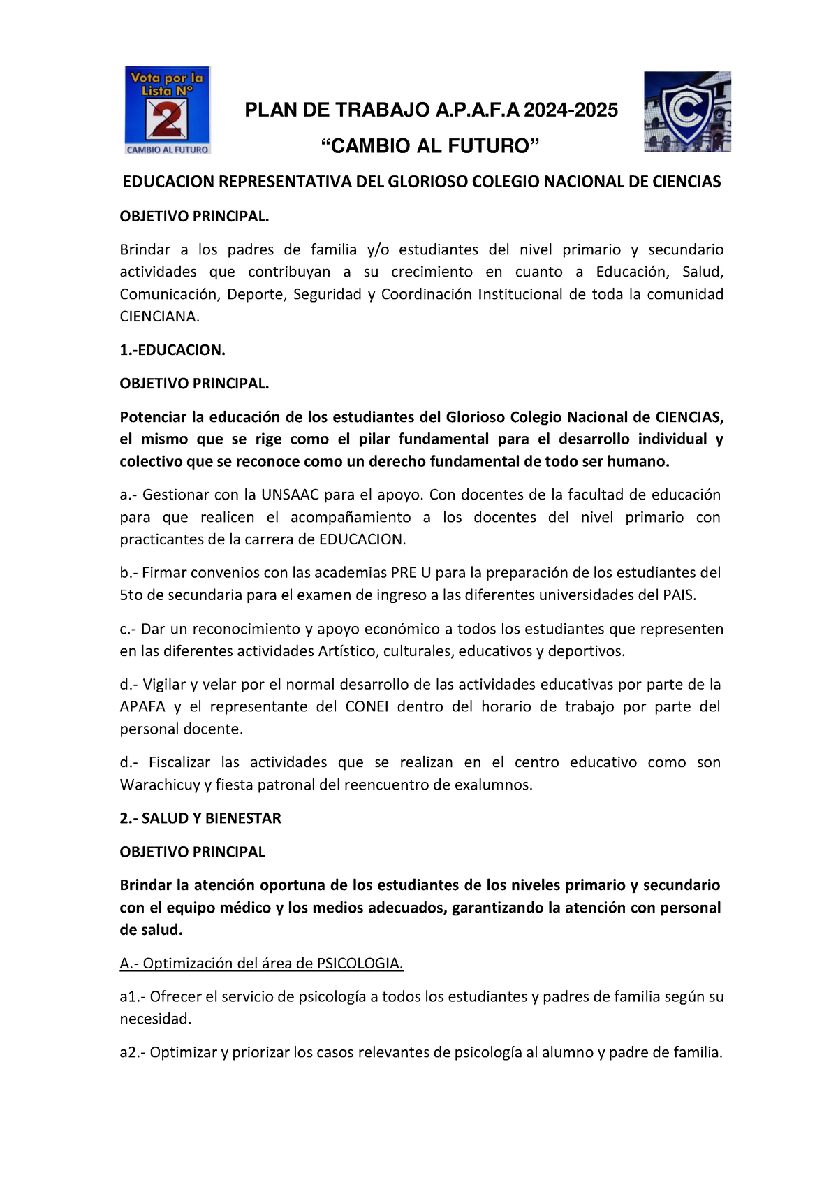 PLAN DE Trabajo 2024-2025 - PLAN DE TRABAJO A.P.A.F 2024 - 2025 “CAMBIO ...