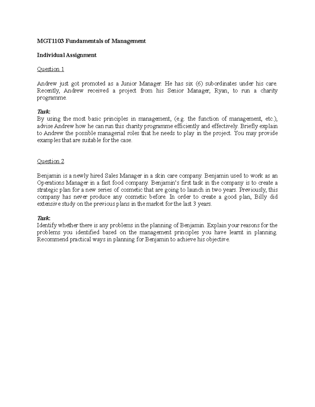 MGT1103 Individual assignment Apr 2019 Question - MGT1103 Fundamentals ...