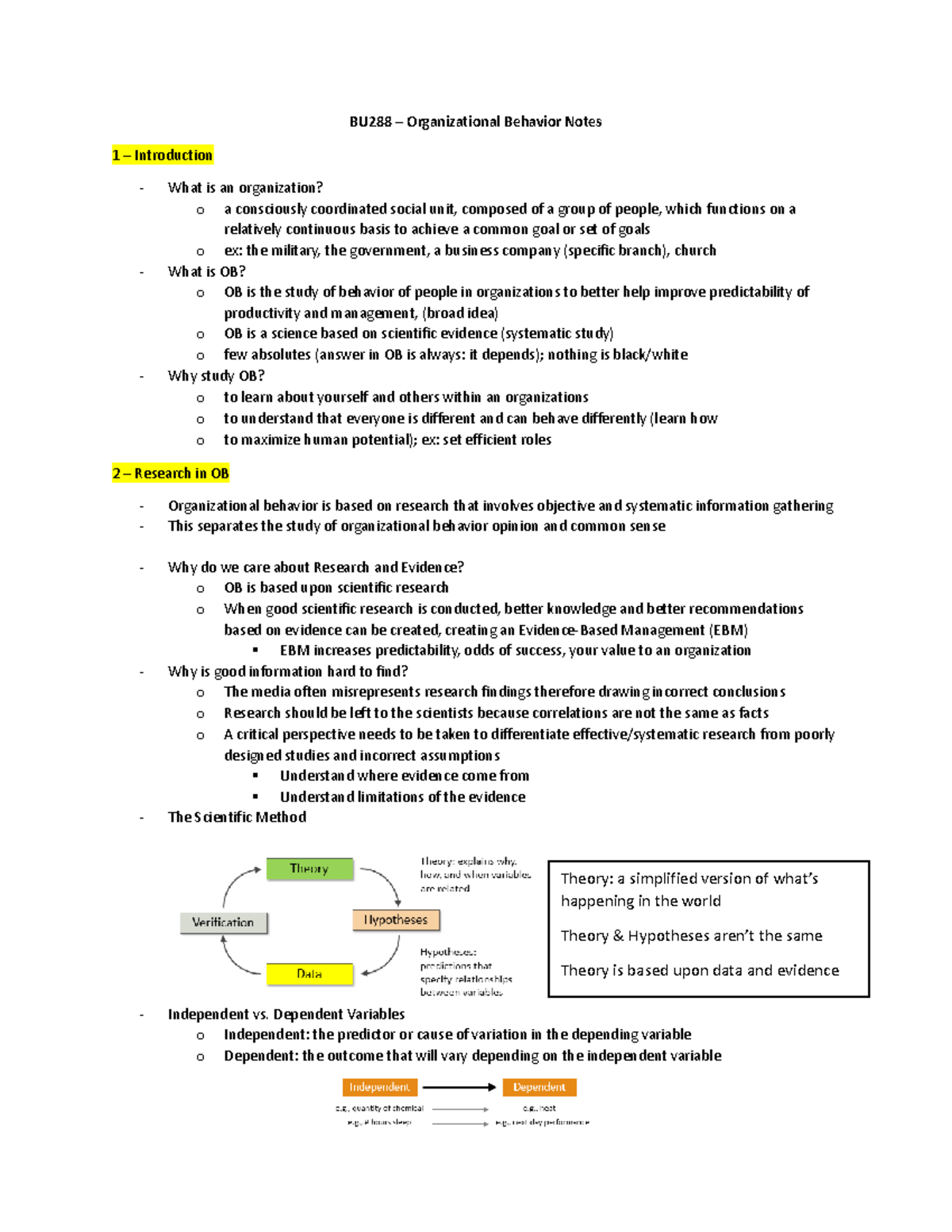 BU288 Notes - BU288 – Organizational Behavior Notes 1 – Introduction ...