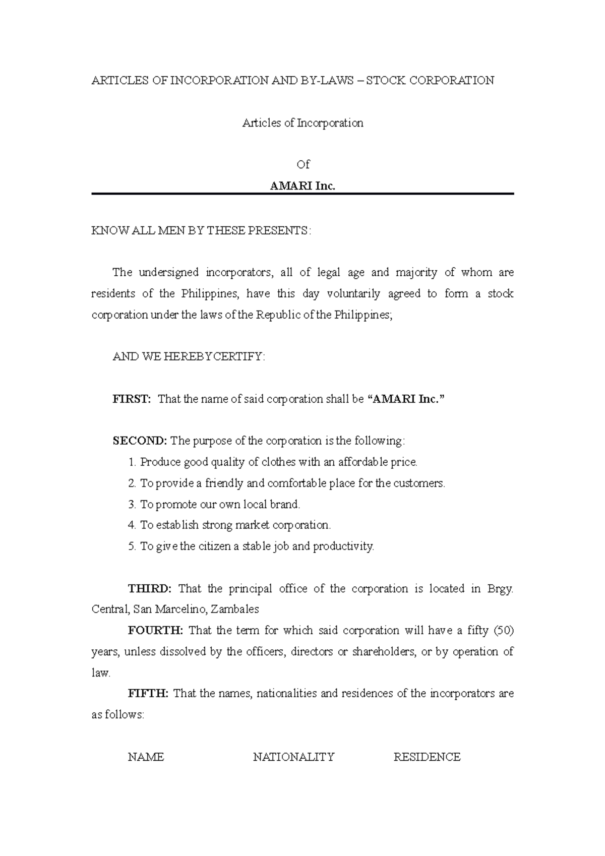 Articles Of Incorporation And By - Articles Of Incorporation And By 