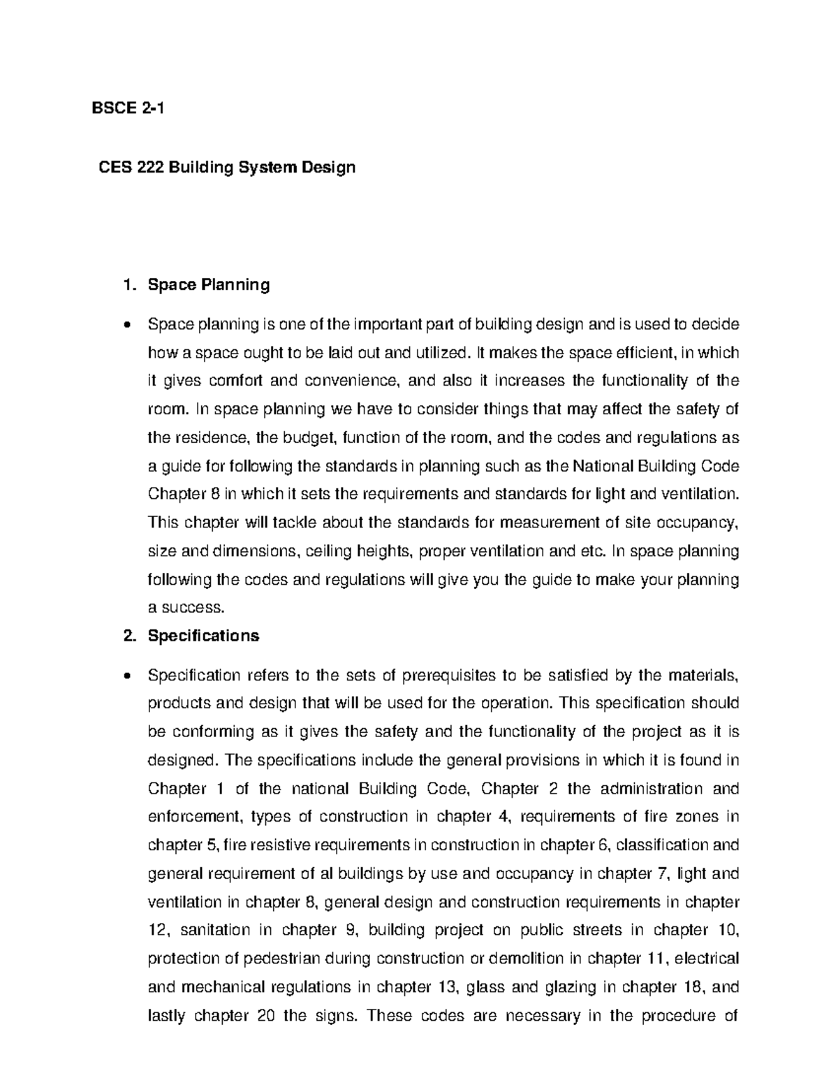 CEC 222 Written Report 2 - BSCE 2- CES 222 Building System Design 1 ...