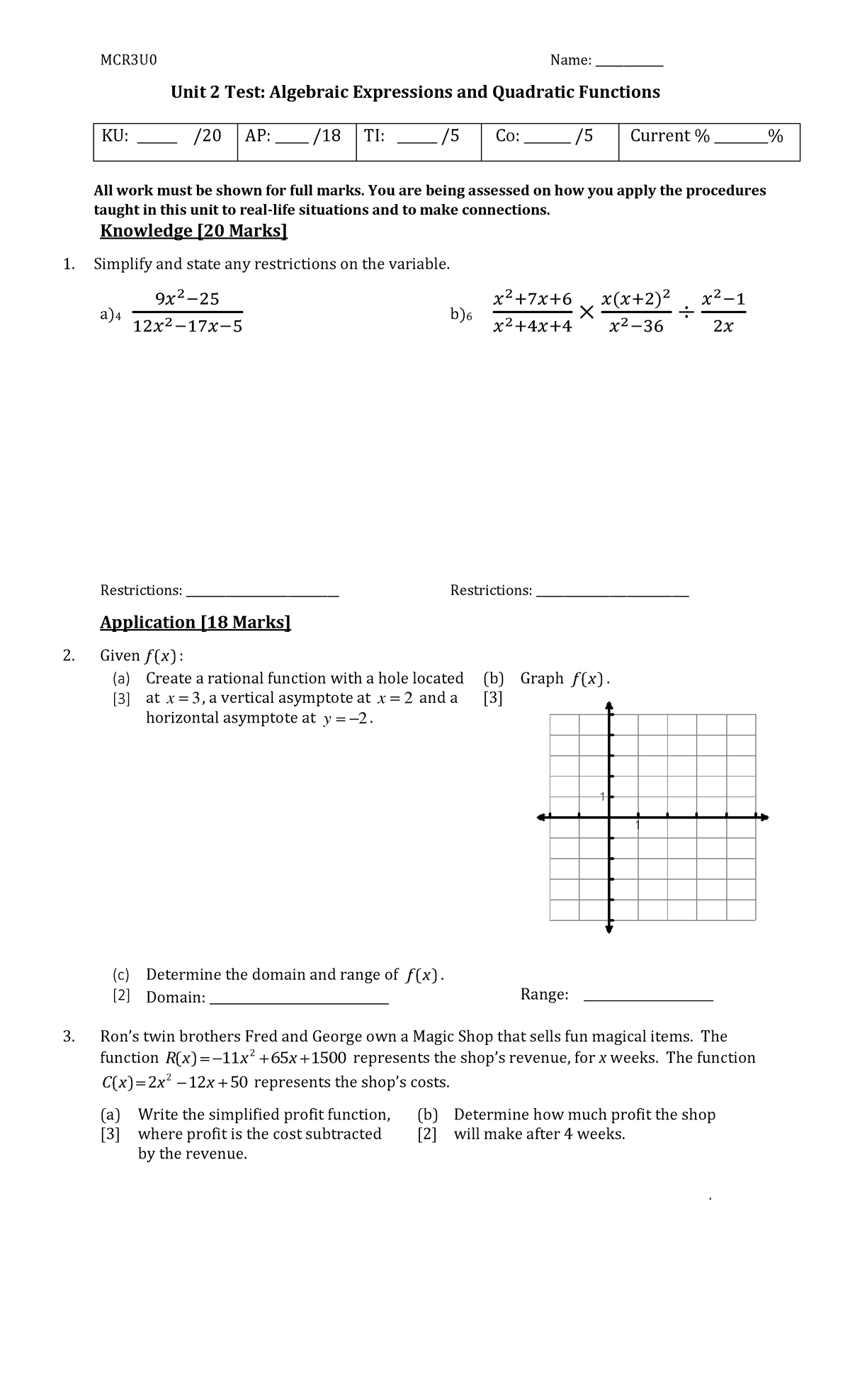 Unit 2 Test March 2022 Math Grade 11dawdwa - Mcr3u0 Name 