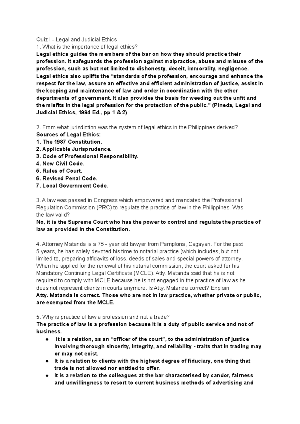 Legal Ethics Quiz Quiz I Legal and Judicial Ethics What is the