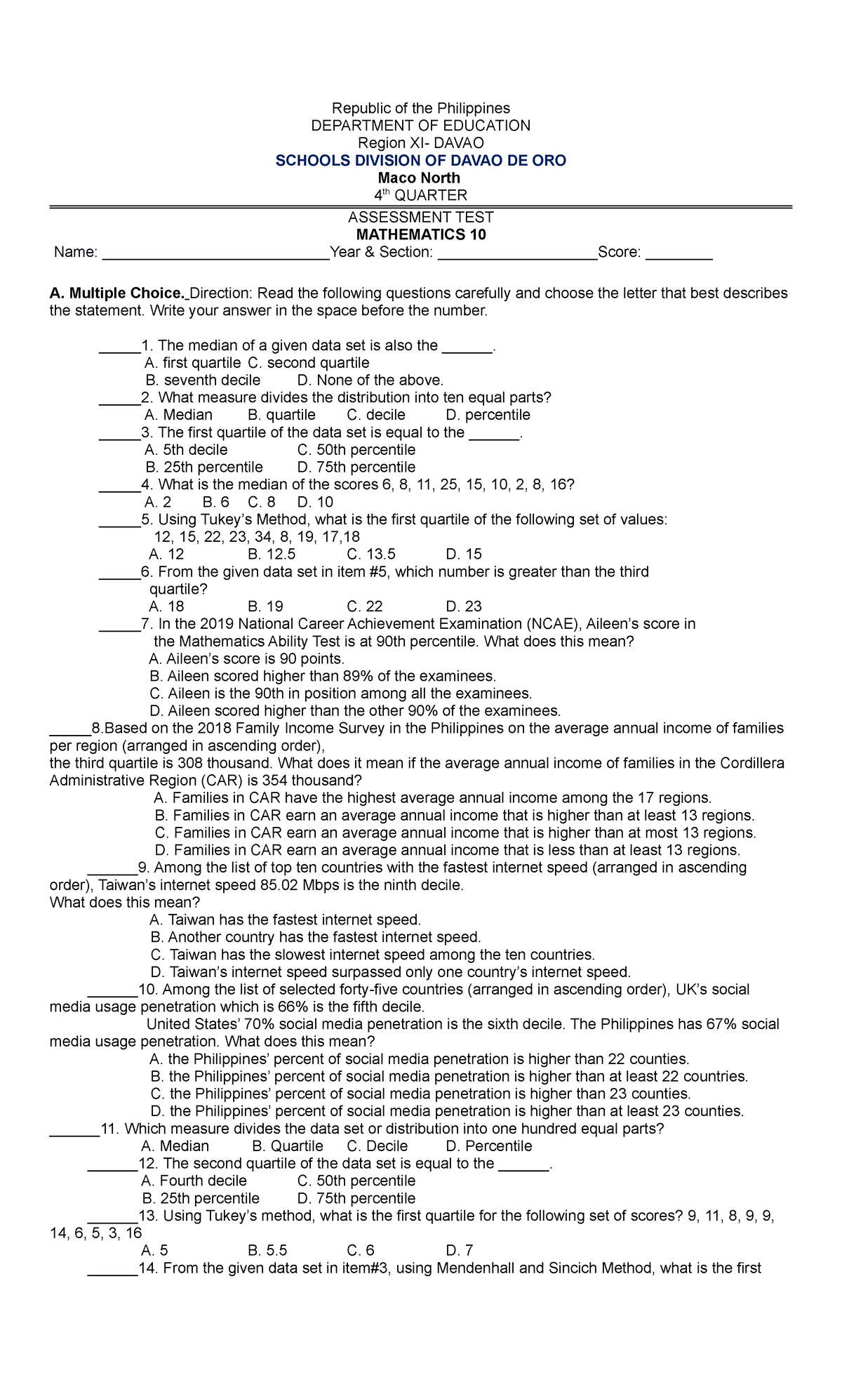 MATH 10 Assessment - lecture note in the classroom - Republic of the ...