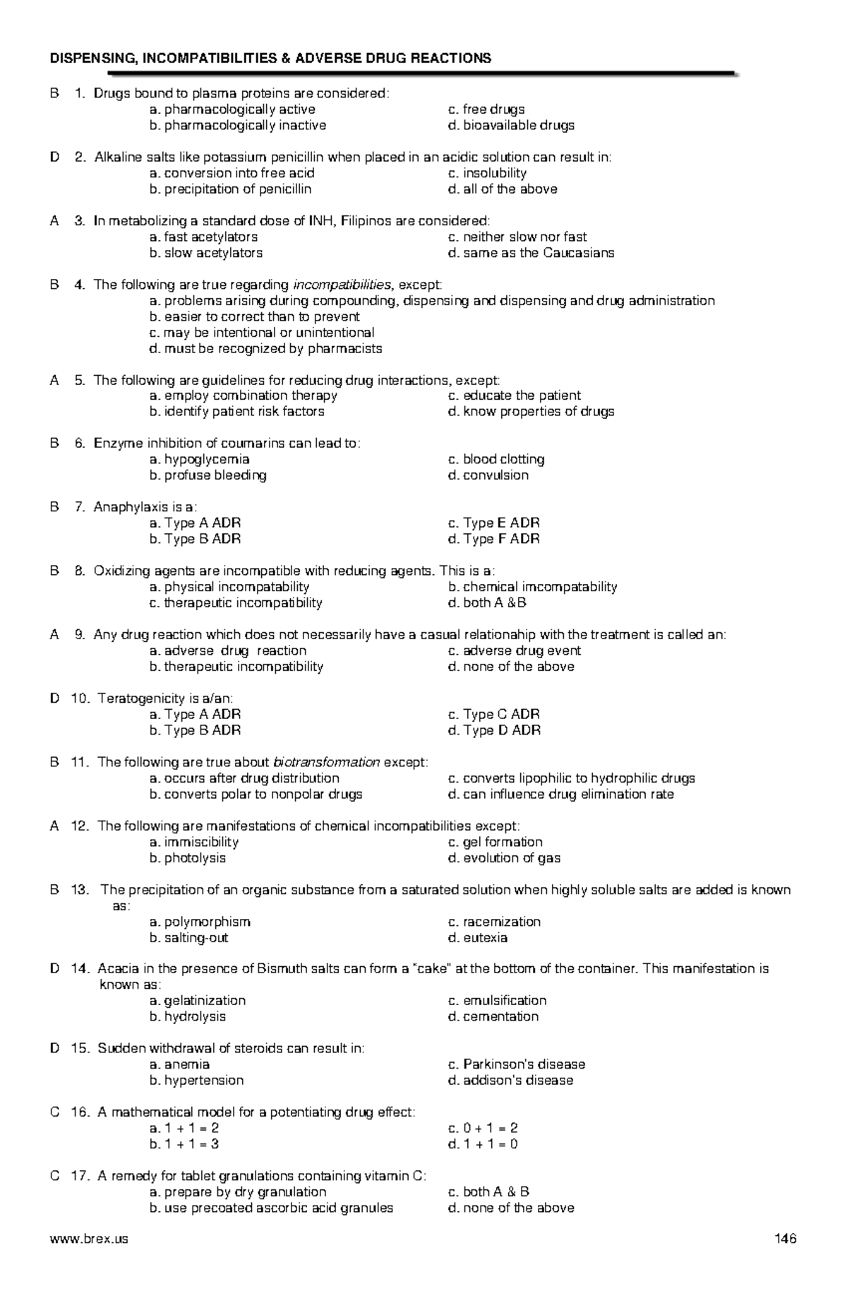 Dispensing, Incompatibilities,& ADR Answer Key- Green Pacop - B 1 ...