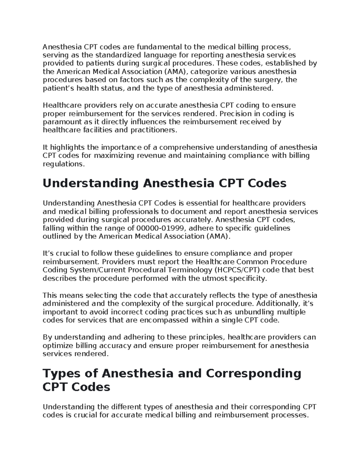 Anesthesia Coding Cheat Sheet Anesthesia CPT codes are fundamental to