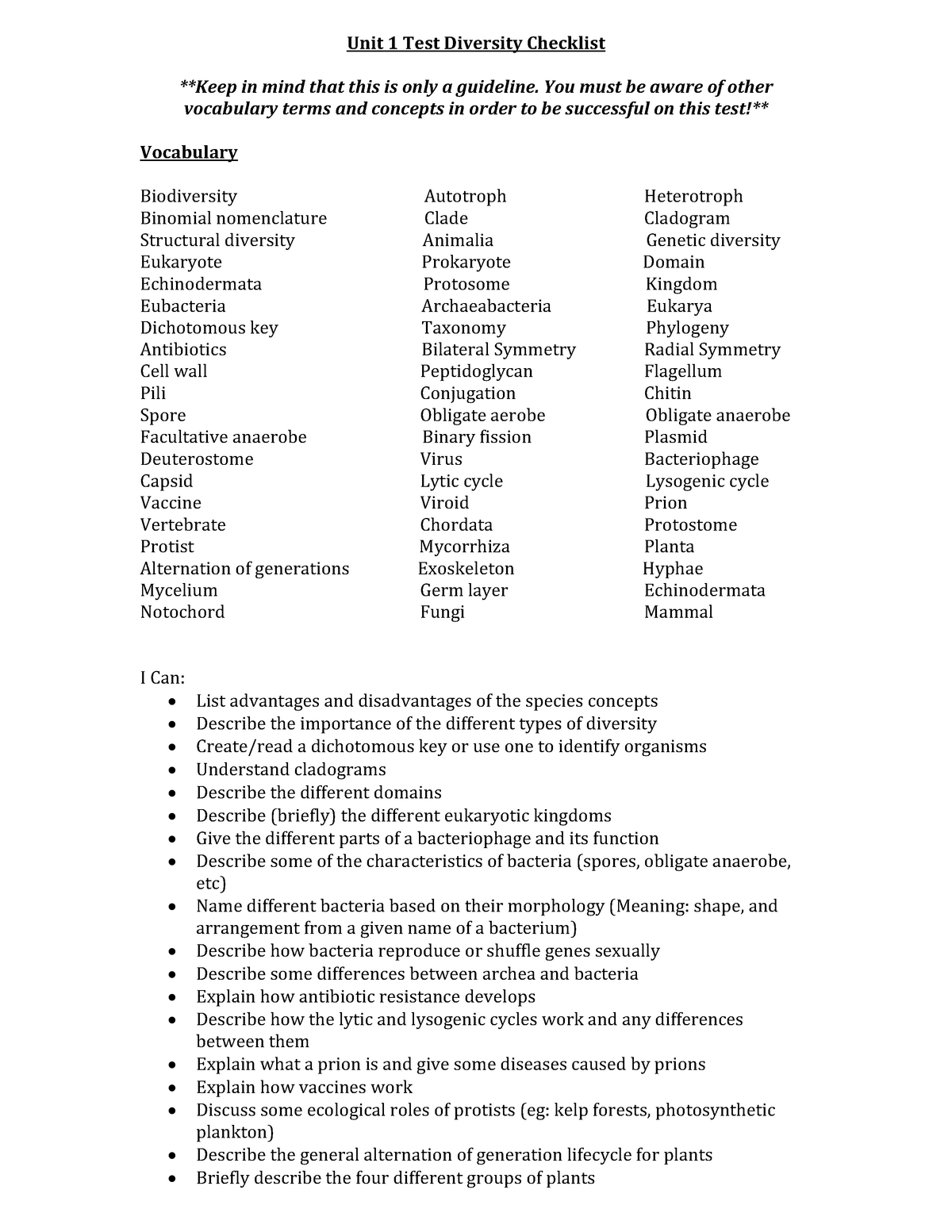 Diversity Unit Test Checklist - Unit 1 Test Diversity Checklist Keep in ...